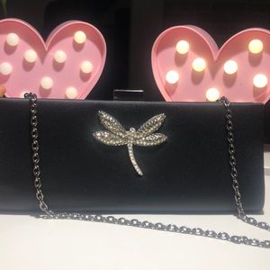 Eliza Gray black Crystal Dragonfly Satin Clutch